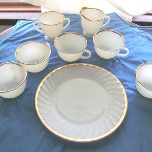 Vintage Antique Shell White glass dinner(4) cups , (1) plate,  sugar & creamer.